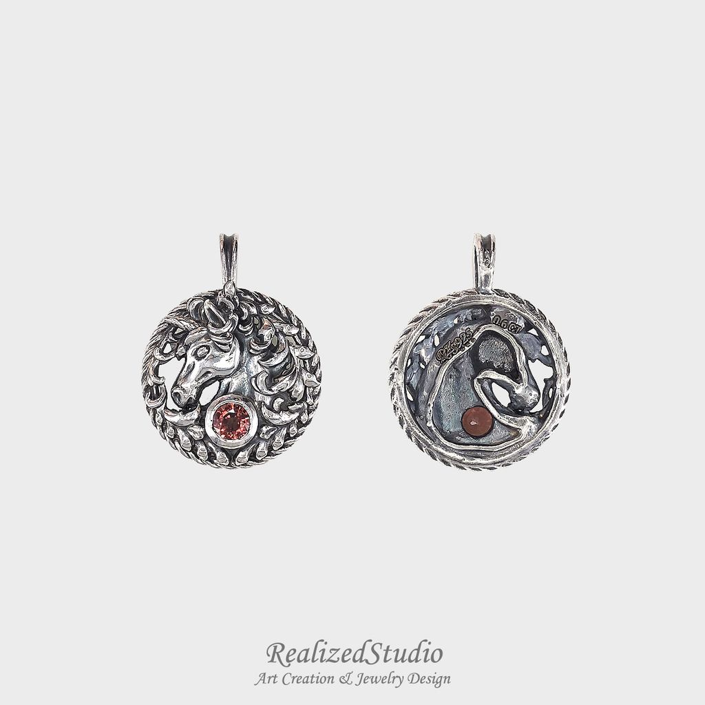 P26100n59-2 unicorn horse amulet pendant 20mm zircon red brown rzsk 005