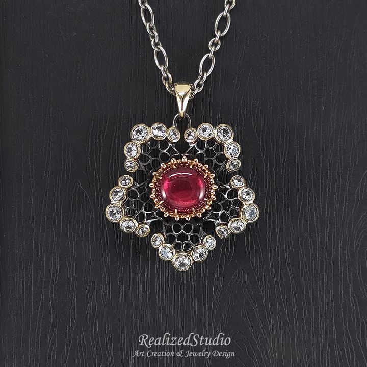P22808 001 red-tourmaline-flower-motif-badge-pendant-tulle-design RealizedStudio Jewelry