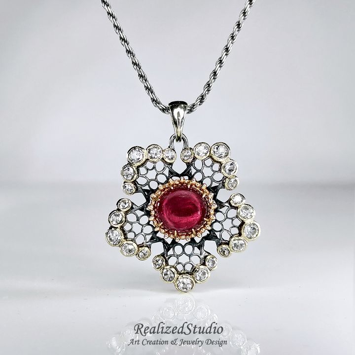 P22808 011 red-tourmaline-flower-motif-badge-pendant-tulle-design RealizedStudio Jewelry