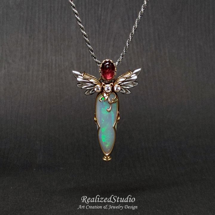 P23423n205 012 angel-wings-sword-pendant fantasy-dagger-charm opal-necklace RealizedStudio Jewelry