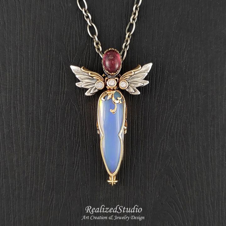 P23423n205 002 angel-wings-sword-pendant fantasy-dagger-charm opal-necklace RealizedStudio Jewelry