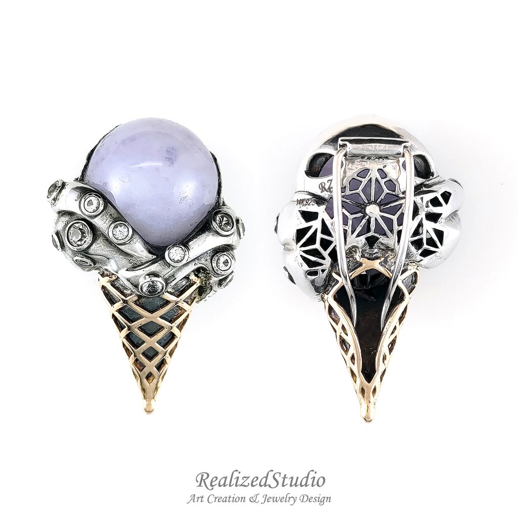 HP23725n45 001 lavender purple jadeite brooch ice cream cone design