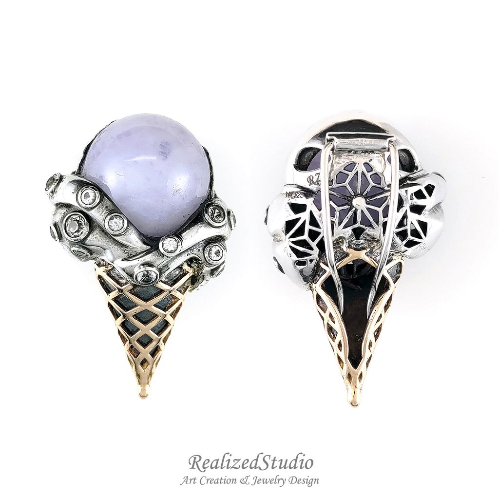 HP23725n45 001 lavender purple jadeite brooch ice cream cone design