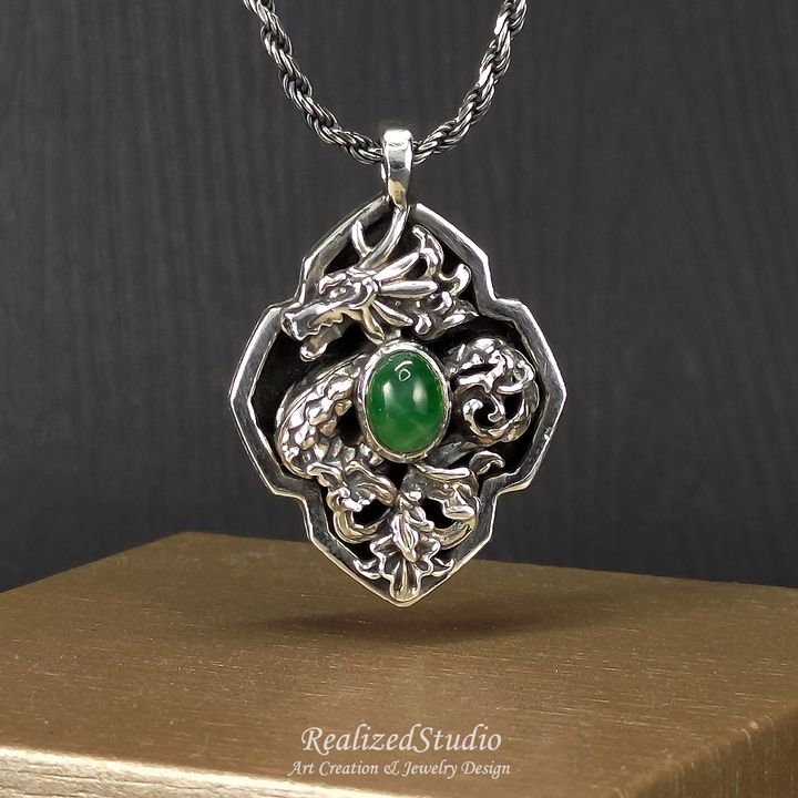 P24120J 007 oriental dragon motif silver pendant jadeite green charm RealizedStudio Jewelry