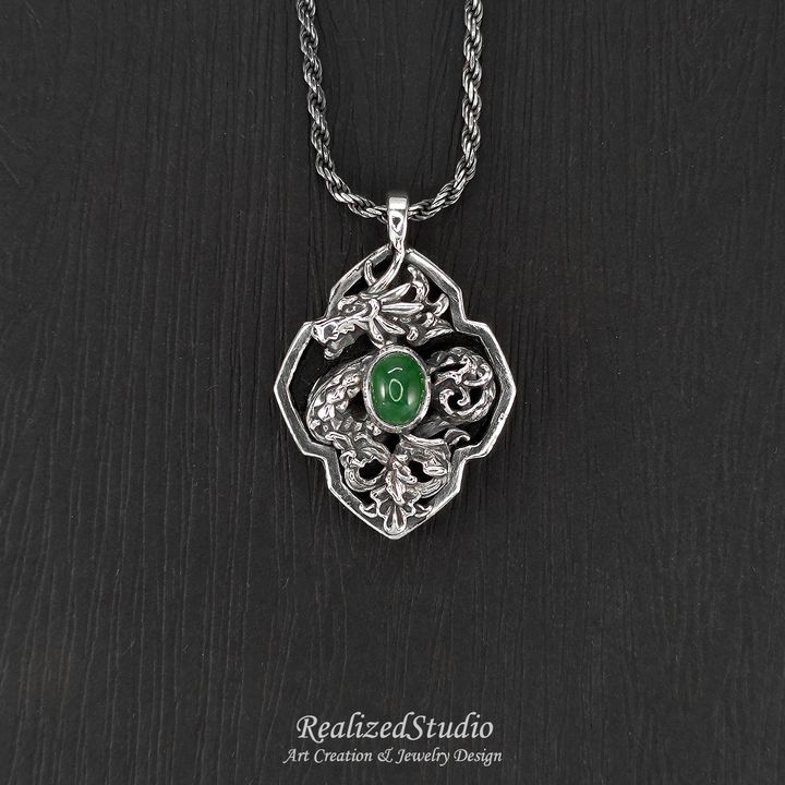 P24120J 003 oriental dragon motif silver pendant jadeite green charm RealizedStudio Jewelry
