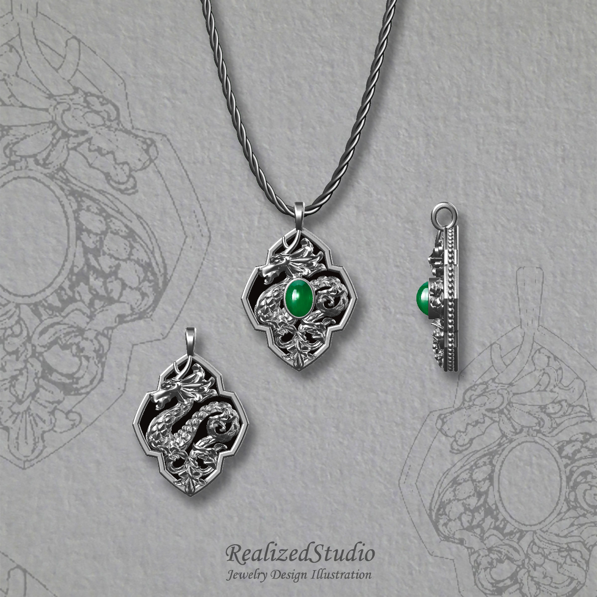 P24120J 000 jade jadeite silver dragon emboss design jewelry pendant