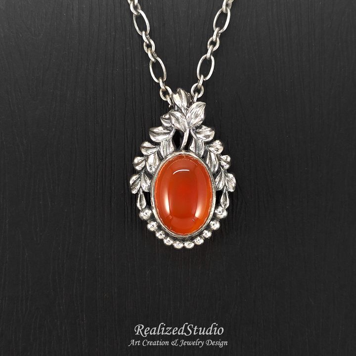 P24505 RA verduxo dew RA02 007 orange agate vine leaf art nouveau pendant RealizedStudio jewelry