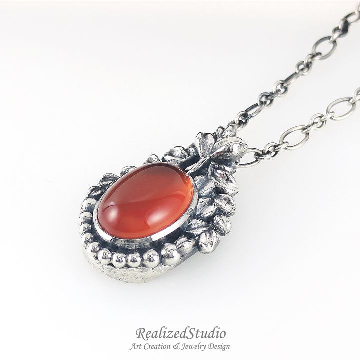 P24505 RA verduxo dew RA02 005 orange agate vine leaf art nouveau pendant RealizedStudio jewelry