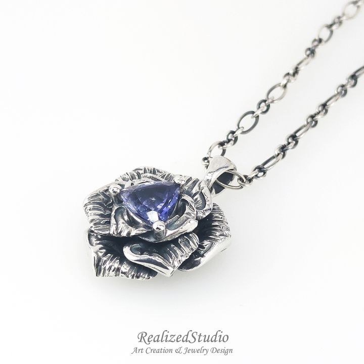 P24427n5 Blue Rose Lolite pendant rzsk 007 textured flower motif silver necklace RealizedStudio Jewelry
