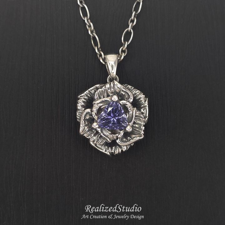 P24427n5 Blue Rose Lolite pendant rzsk 009 textured-flower-motif silver-necklace RealizedStudio Jewelry
