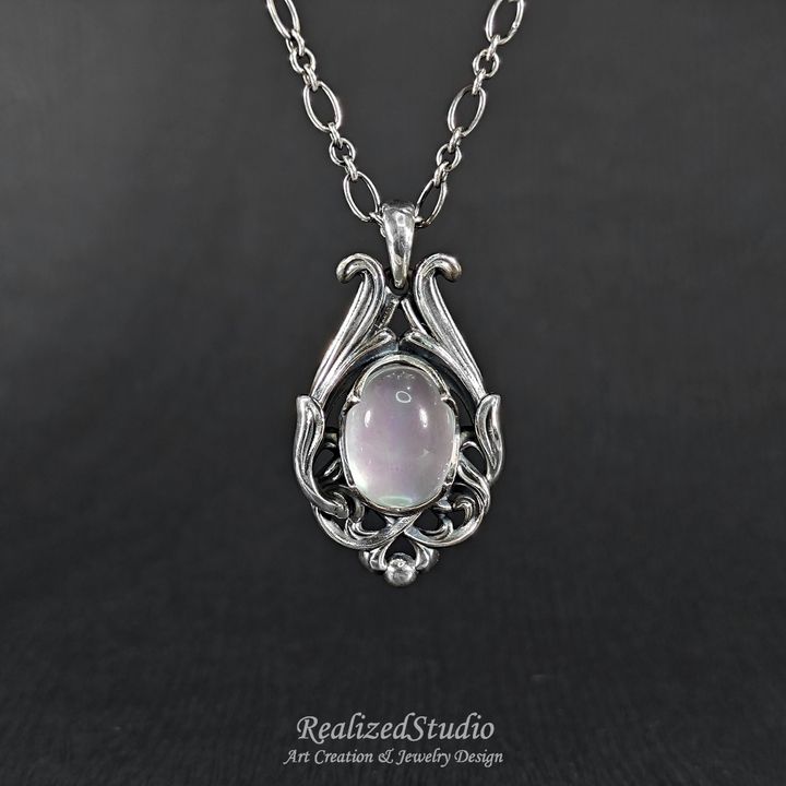 RZSP25425n155 art nouveau silver pendant rose quartz necklace RealizedStudio 001