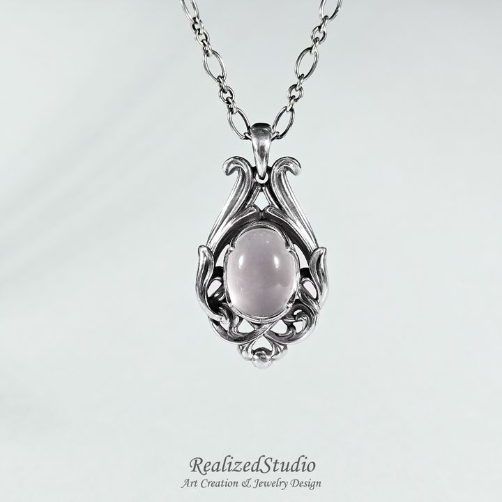 RZSP25425n155 art nouveau silver pendant rose quartz necklace RealizedStudio 002