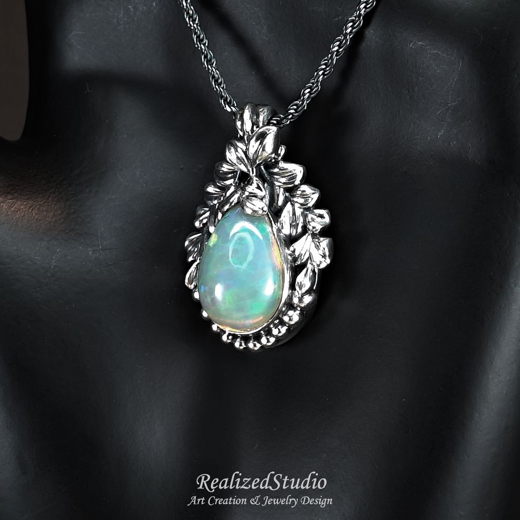 P25Q12n252 verduxo dew opal silver pendant vine leaf retro design 008