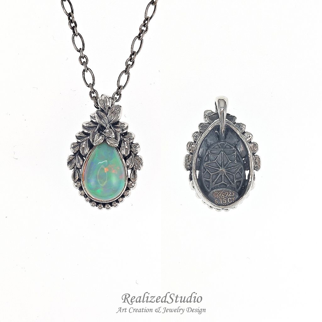 P25Q12n252 verduxo dew opal silver pendant vine leaf retro design 001