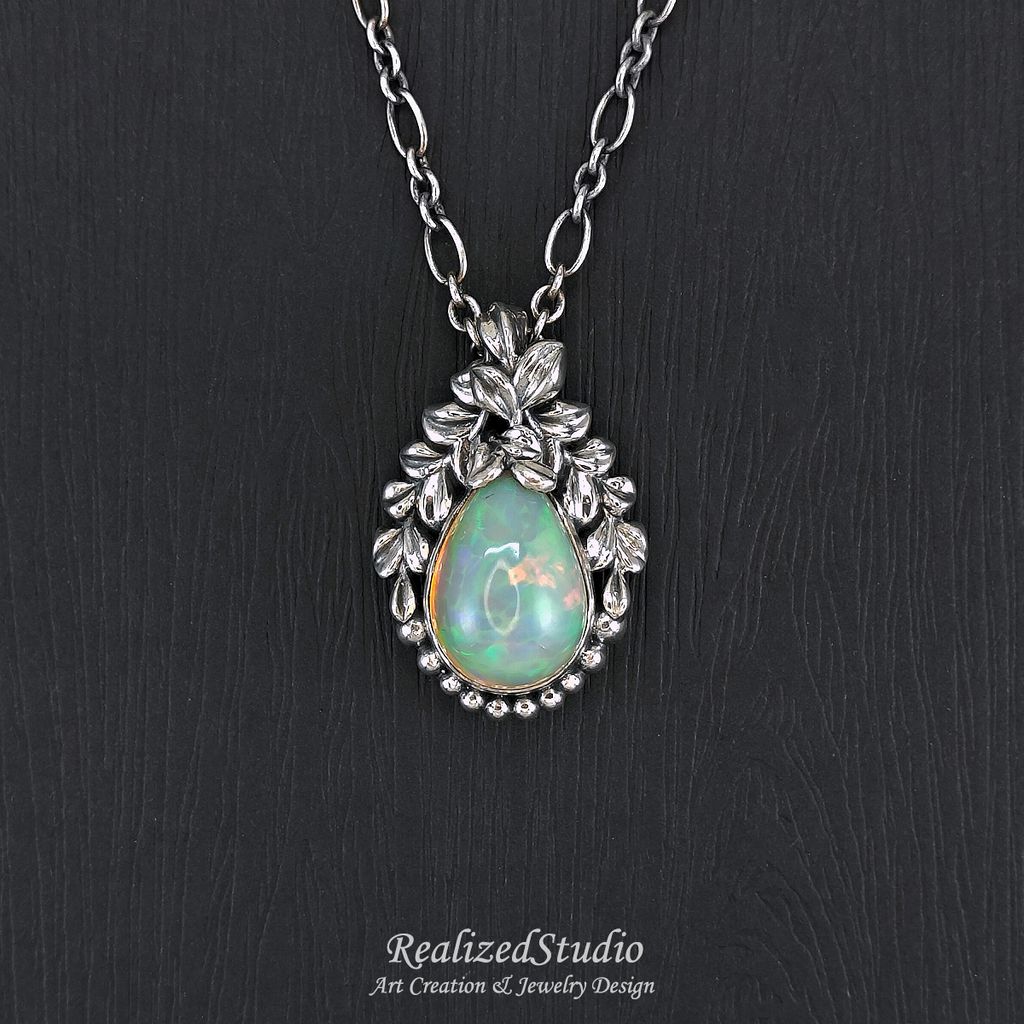 P25Q12n252 verduxo dew opal silver pendant vine leaf retro design 003