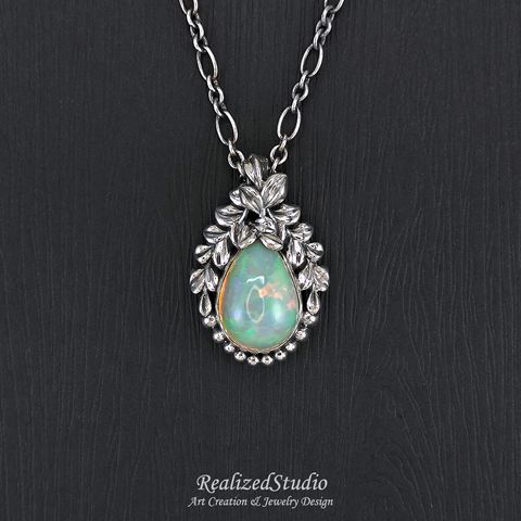 P25Q12n252 verduxo dew opal silver pendant vine leaf retro design 003