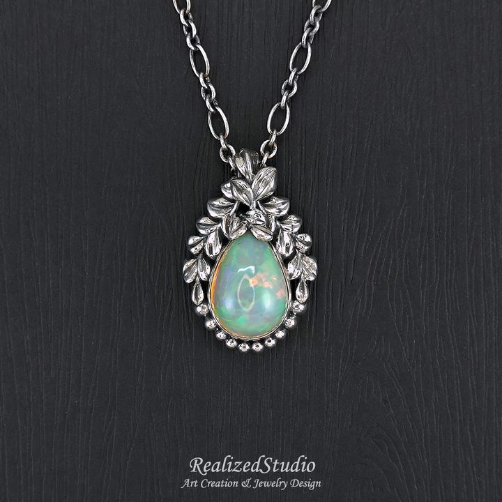 P25Q12n252 verduxo dew opal silver pendant vine leaf retro design 003