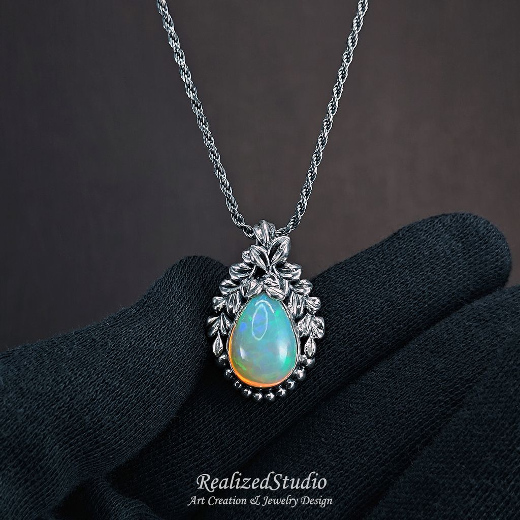P25Q12n252 verduxo dew opal silver pendant vine leaf retro design 005
