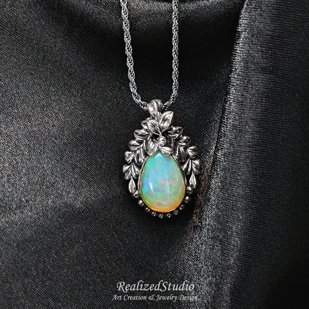 P25Q12n252 verduxo dew opal silver pendant vine leaf retro design 007
