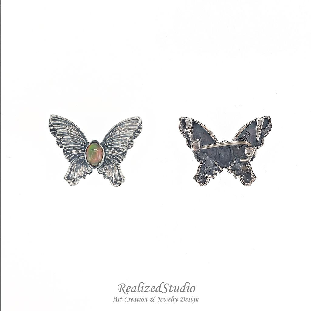 HP25908n243 orange opal butterfly silver pin brooch pendant RealizedStudio 001