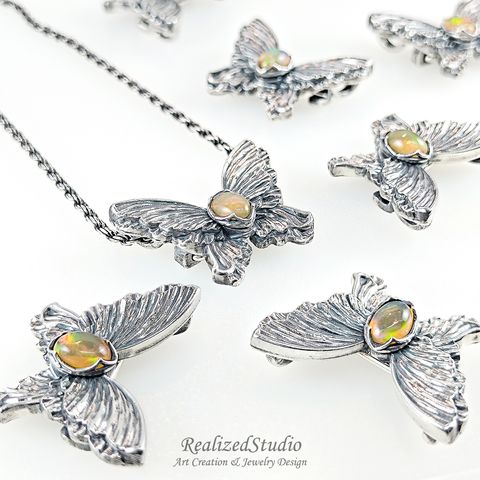 HP25908n243 007 orange-opal-silver-butterfly-pin-textured-wings RealizedStudio Jewelry