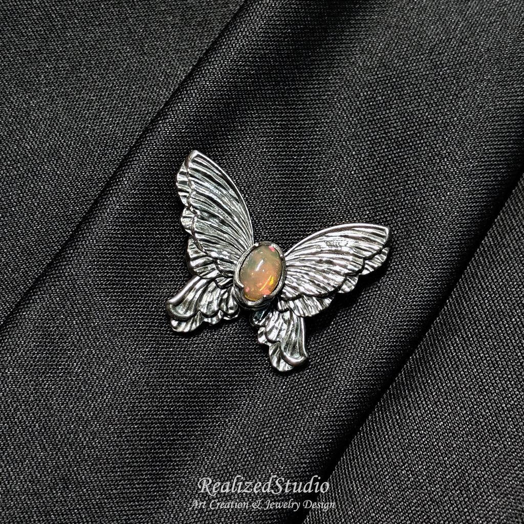 HP25908n243 008 orange-opal-silver-butterfly-pin-textured-wings RealizedStudio Jewelry