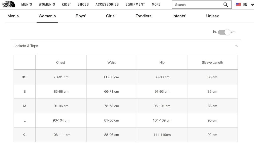 the north face women's top size chart