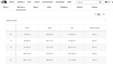 the north face women's top size chart