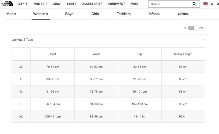 the north face women's top size chart