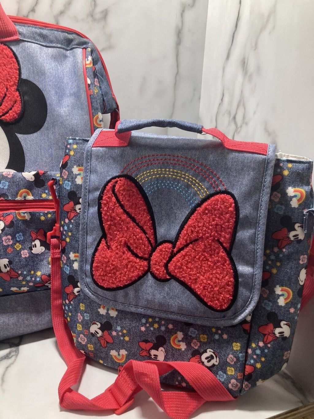 Disney Store Minnie Red Bow Denim Backpack & Lunch Tote Box School Bag Set Read  2