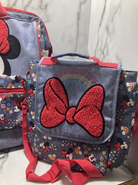 Disney Store Minnie Red Bow Denim Backpack & Lunch Tote Box School Bag Set Read  2