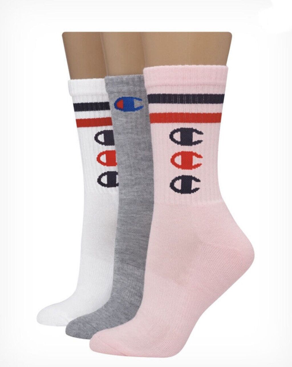 Champion Women’s Crew Socks, Stripes & C Logos, 3-Pairs Shoe Size 5-9  1