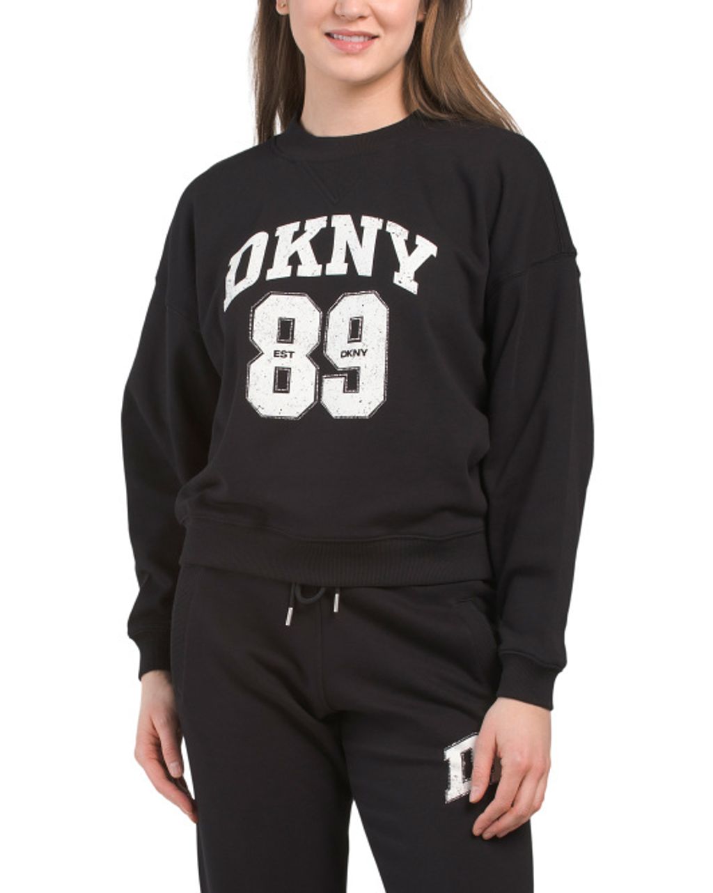 dkny Arched Distressed 89 Rhinestone Logo Crew Neck Pull Over Sweatshirt 