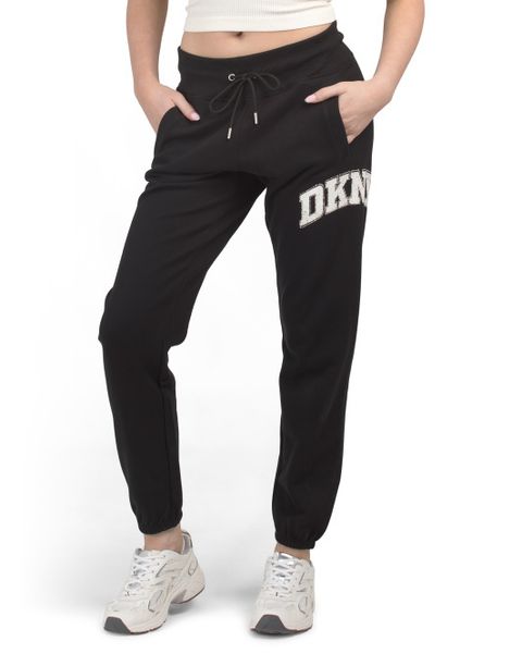 dkny Arched Distressed Rhinestone Logo Joggers With Pockets 