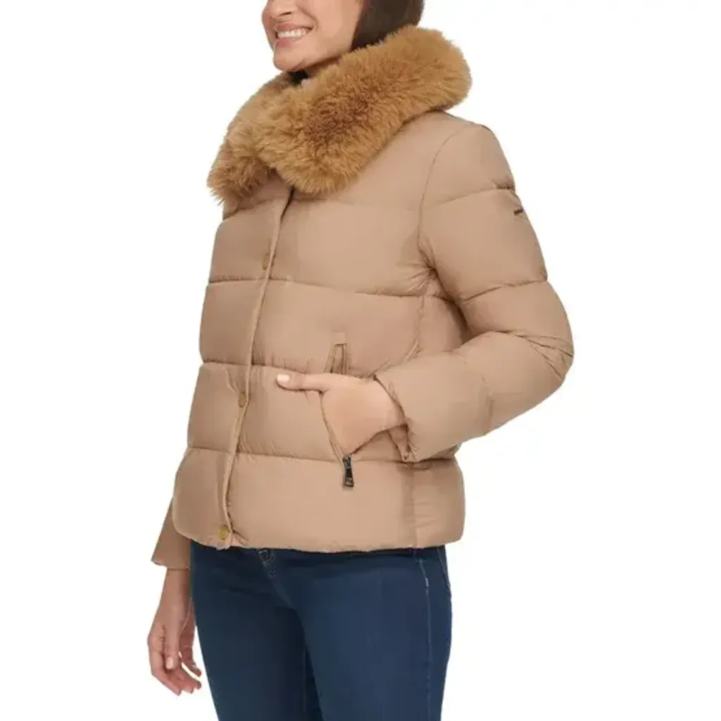DKNY Women's Short Puffer with Removable Faux Fur Collar  3