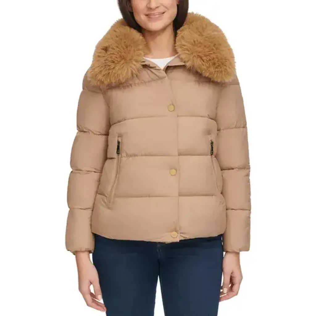 DKNY Women's Short Puffer with Removable Faux Fur Collar  2
