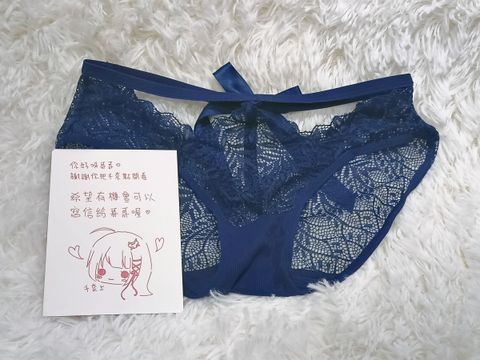 透深藍前後鏤空後大蝴蝶結樹葉蕾絲內褲