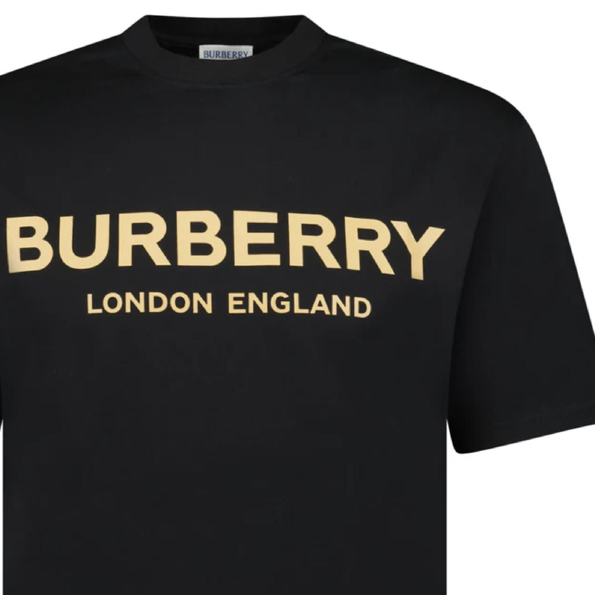 Burberry gold wording logo print black tee-02
