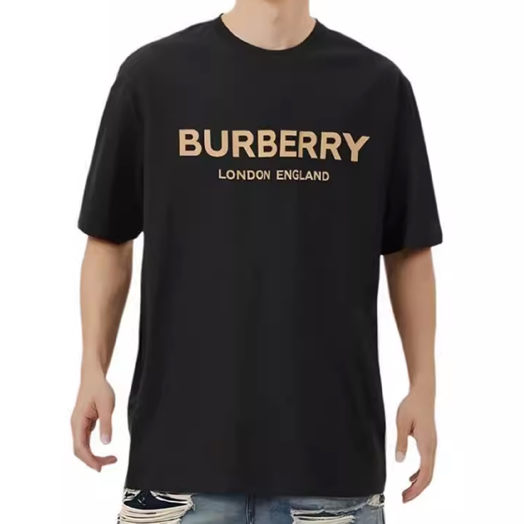 Burberry gold wording logo print black tee-03
