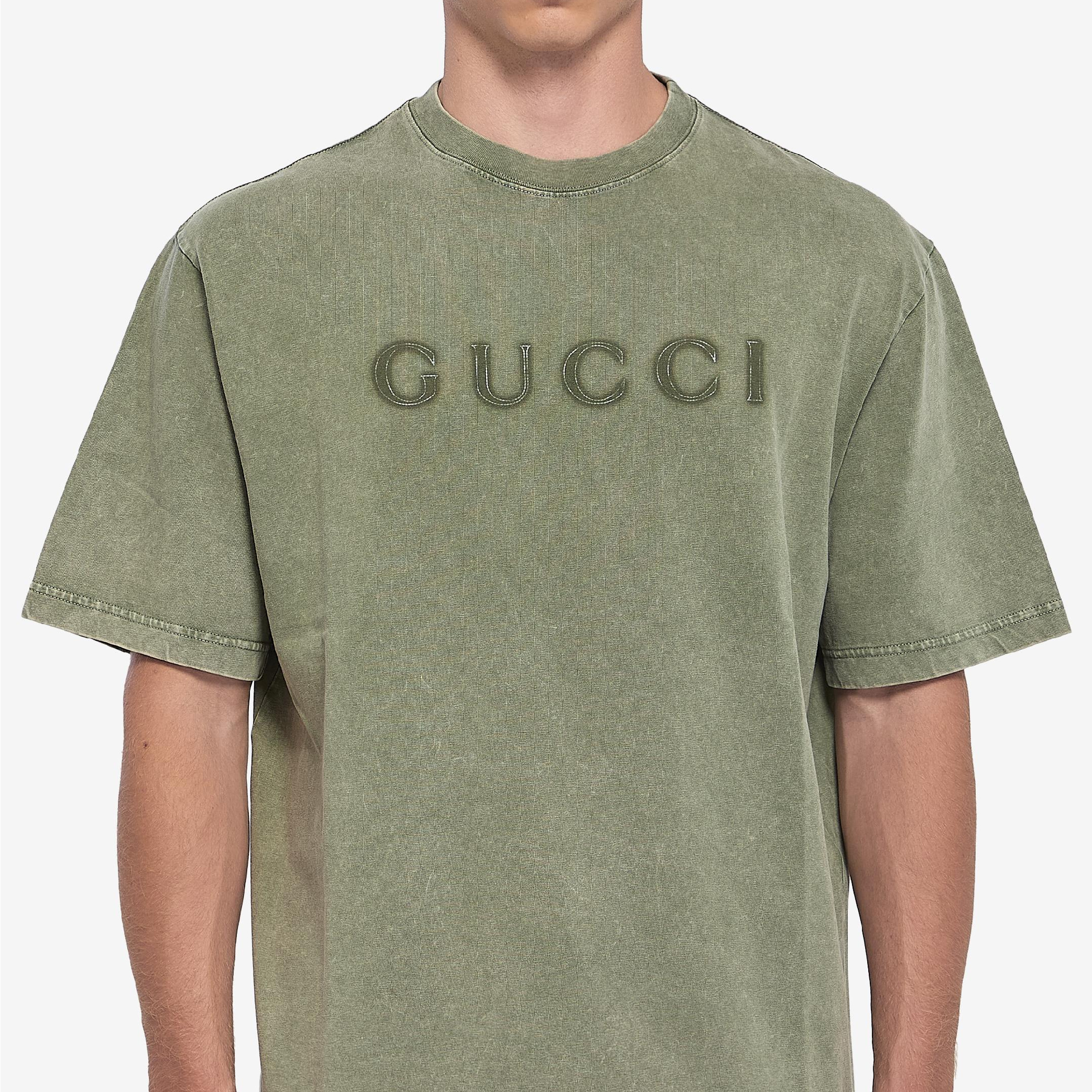 Gucci Embroidered Logo Forest Green Garment Dyed Tee-04