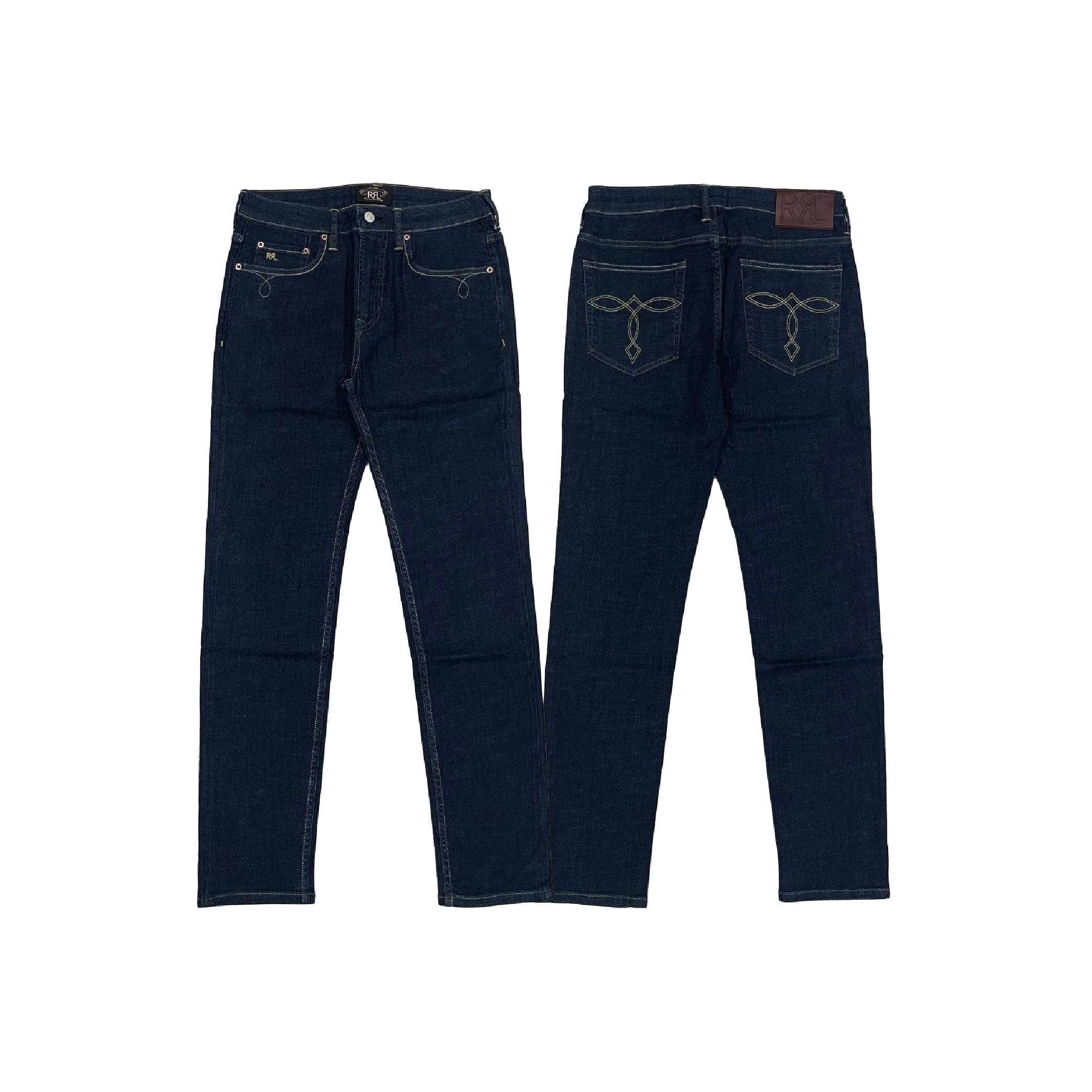 RRL Ralph Lauren Back Pocket Embroidered Yellow Stitch Dark Indigo Denim Jeans-01