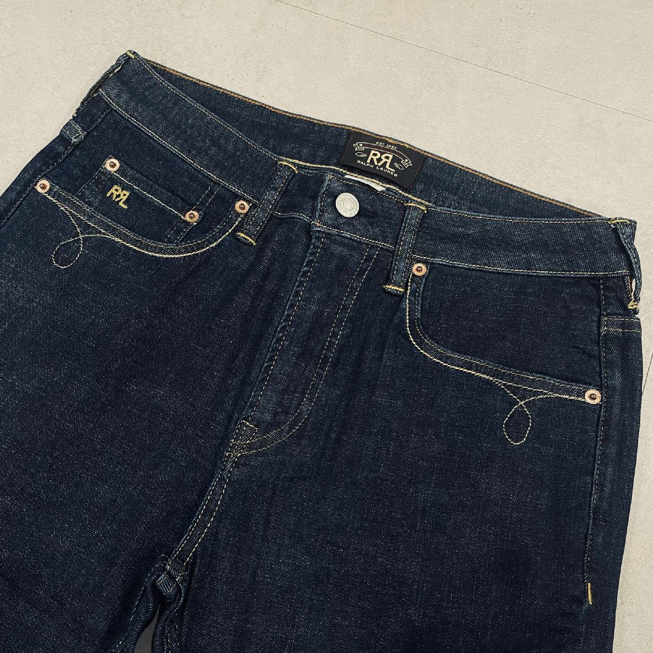 RRL Ralph Lauren Back Pocket Embroidered Yellow Stitch Dark Indigo Denim Jeans-04