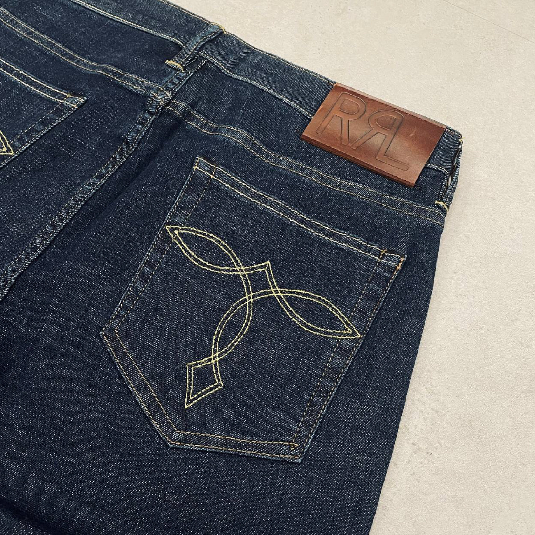 RRL Ralph Lauren Back Pocket Embroidered Yellow Stitch Dark Indigo Denim Jeans-05