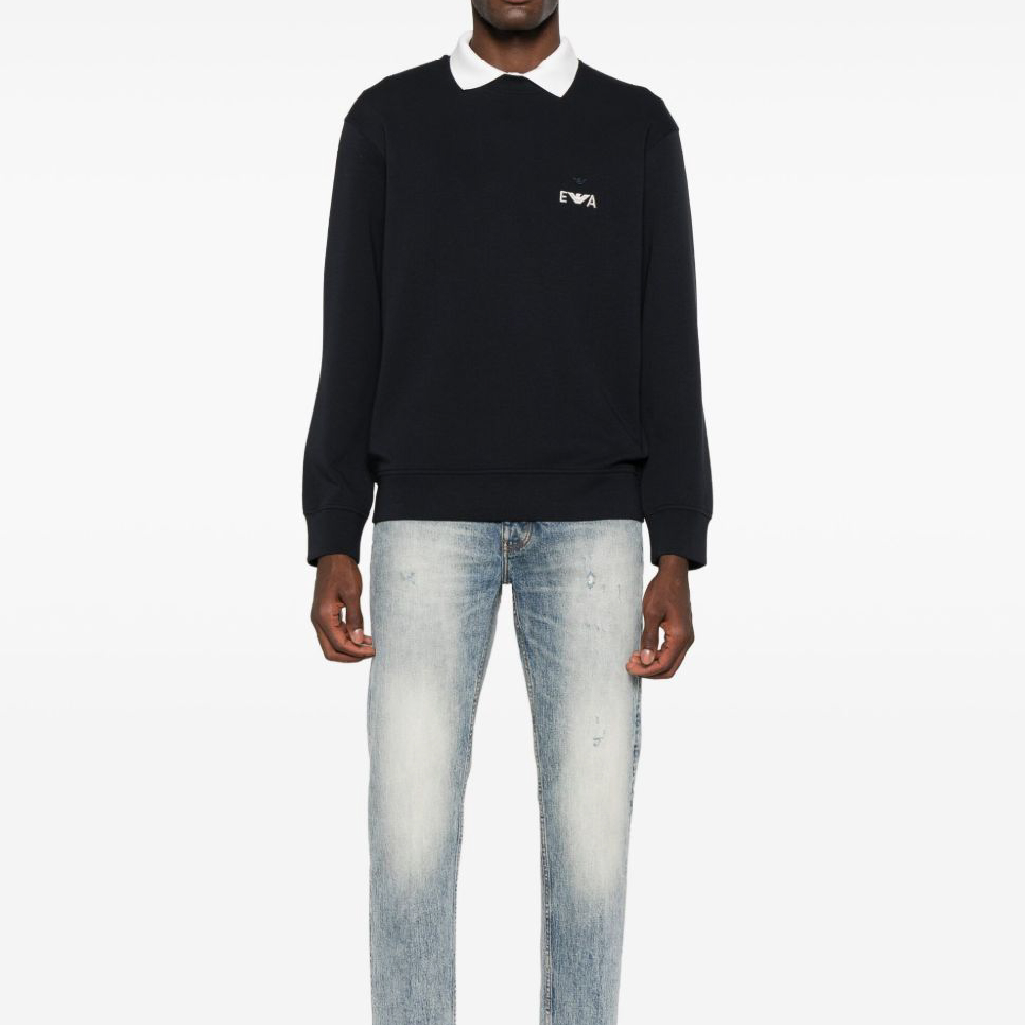 Emporio Armani Embroidered Small Wording Eagle Logo Crewneck Sweatshirt in Black-05