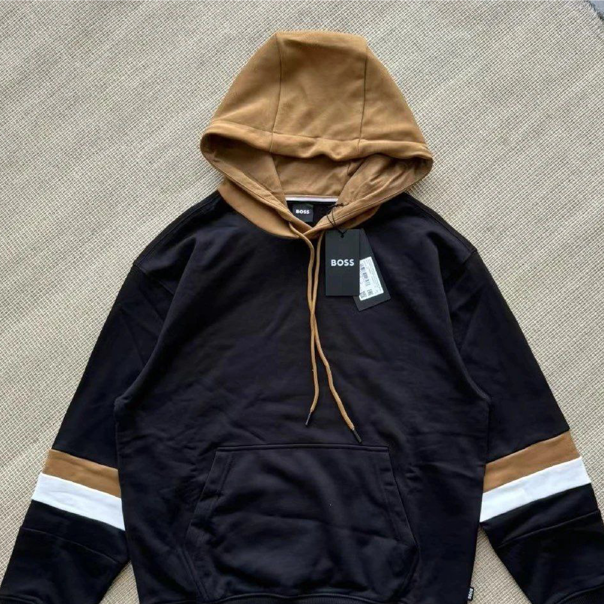 Hugo Boss Contrast Hood Striped Sleeve Black Hoodie-02