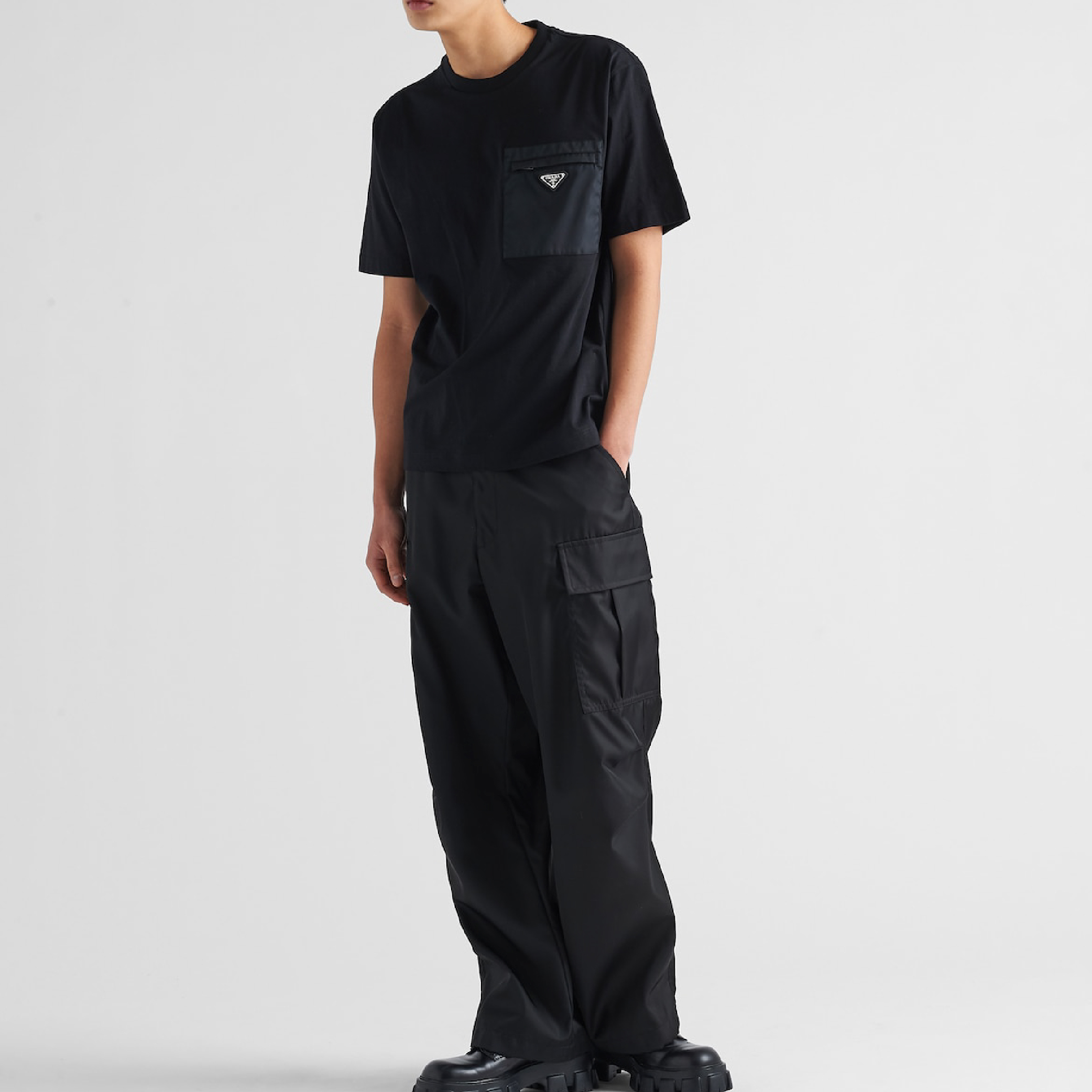 Prada Triangle Metal Logo Pocket Black Tee-03
