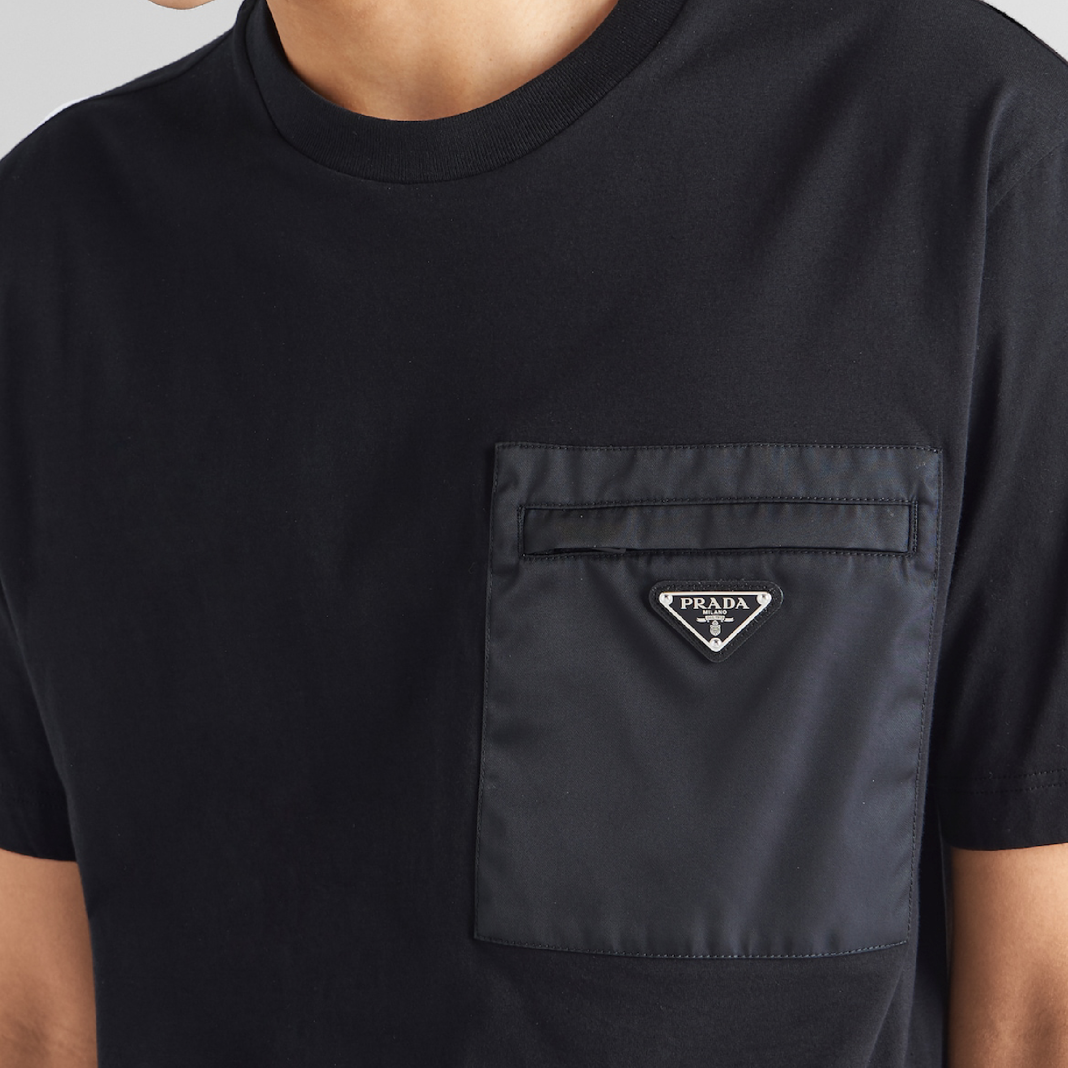 Prada Triangle Metal Logo Pocket Black Tee-02
