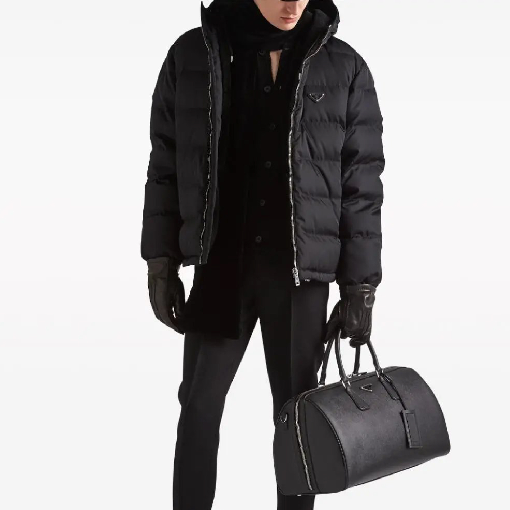 Prada Triangle Metal Logo Down Puffer Hooded Jacket-03