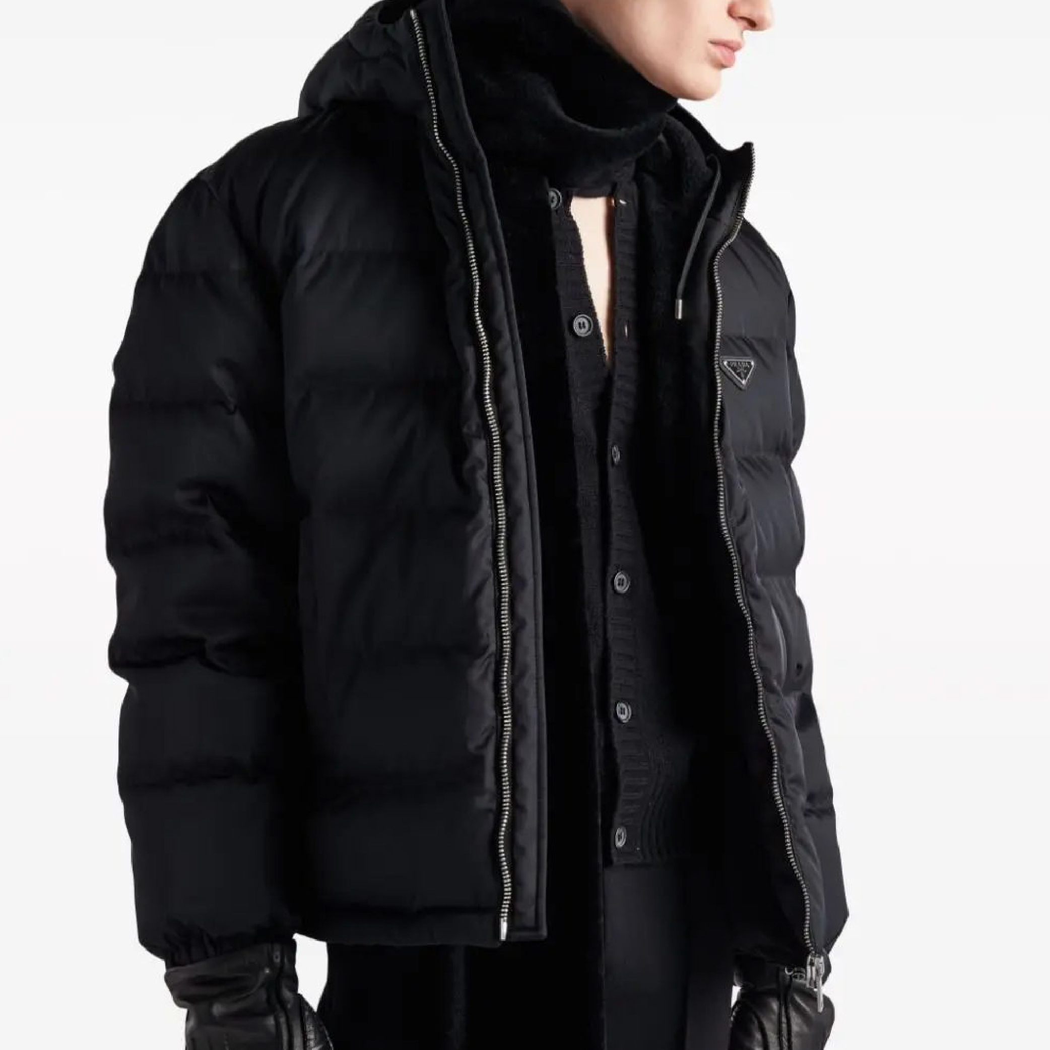 Prada Triangle Metal Logo Down Puffer Hooded Jacket-02