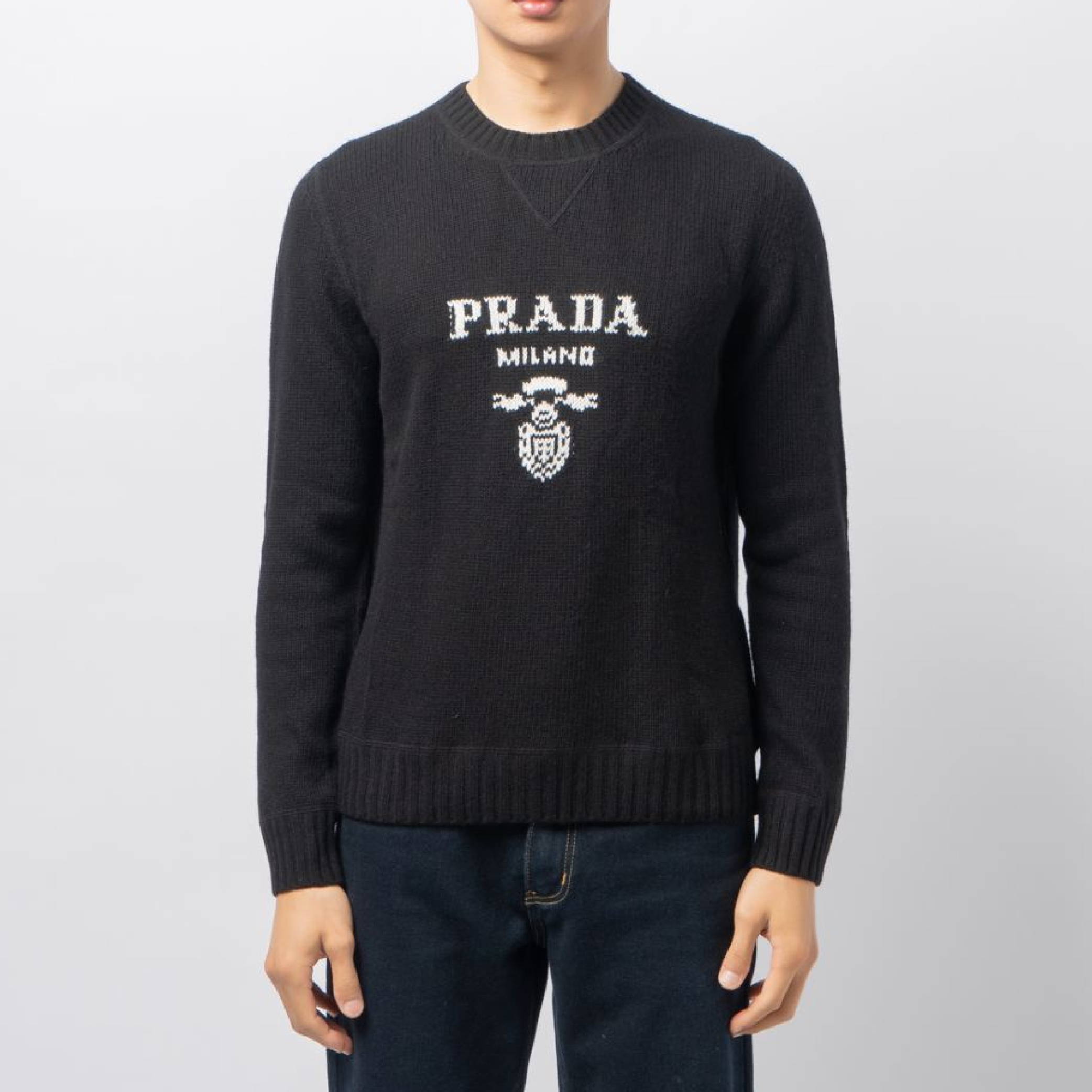 Prada Milano Intarsia Logo Wool-Cashmere Black Sweater-03